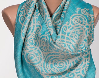 Long Scarf or Shawl or Neck Wrap. Mothers Days Scarf. Fall oversize scarf wrap. Turquoise and Beige.