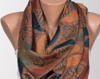 Long Scarf or Paisley Shawl Wrap. Pashmina Scarf rave. Valentines day. BROWN and Colorful silky touch....