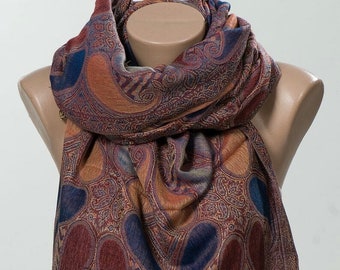 Long Scarf or Paisley Shawl Wrap. Dark red and Colorful Pashmina Scarf rave. Valentines day. Black friday.