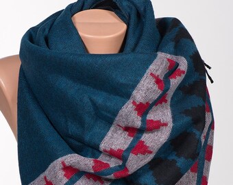Fall Autumn OVERSIZE Scarf or Shawl or Neck Wrap. Ethnic Blanket MEN Scarf. Blue Red Gray Black. Christmas gift.