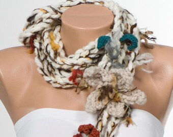 NEW Bohemian crochet scarf Lariat scarf. Extra long hippie scarf. Crochet boho belt. CREAM and colorful.