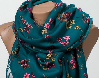 NEW SEASON. Green Blue and colorful floral Scarf wrap. Neck wrap or shwl for Spring.