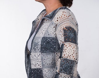 Granny Crochet cotton  cardigan. Hand made. Shades of gray batik crochet jacket. Cardigan crochet. medium size.