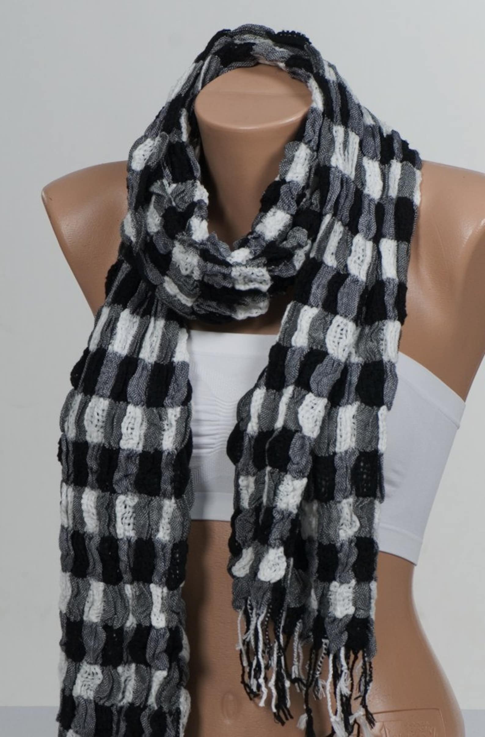 BLACK and WHITE Plaid Scarf. Unisex Fashion Scarf. Fall Etsy