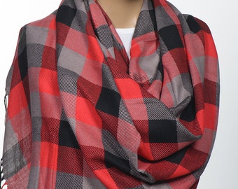 Christmas gift neck warmer. Red Dark Blue Gray Long Scarf or Men scarf. Christmas Gift scarf. Plaid pattern blanket scarf.