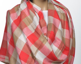 Christmas gift scarf. UNISEX Long Men Scarf or Neck Warmer. Beige Red White Plaid pattern blanket scarf.