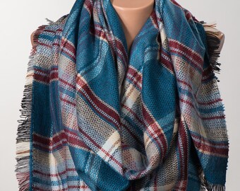 BLUE and RED Blanket Scarf. Winter wrap. Shawl wrap. Christmas women gift. Valentine wrap.