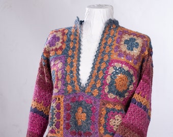 Colorful Boho crochet blouse. Hand made gypsy tops for women. Winter crochet sweater.