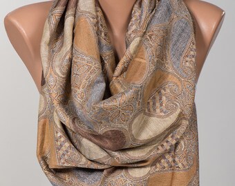valentines day Long Scarf or Paisley Shawl Wrap. Fashion accessories. Mothers Days Scarf. Spring scarf wrap. Beige and Brown.