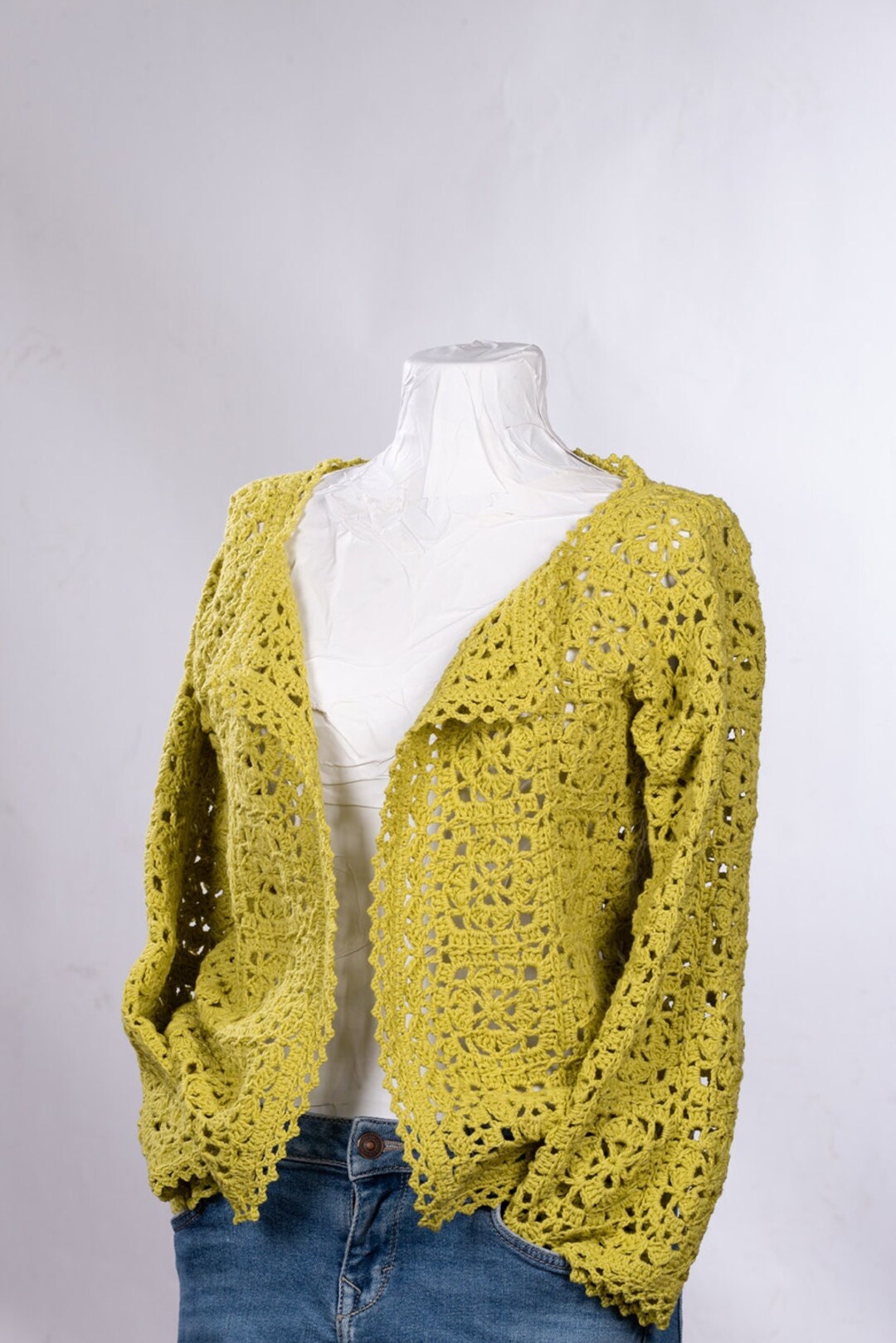 Granny Crochet Cotton Cardigan. Hand Made. Oil Green Crochet Jacket
