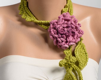 Green and Pink lariat scarf. Crochet necklace. Women lariat necklace.  Knit scarf.