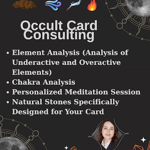 Può includere: Un volantino informativo nero intitolato Occult Card Consulting con icone di terra, aria, acqua e fuoco. Elenca servizi tra cui analisi degli elementi, analisi dei chakra, meditazione personalizzata e pietre naturali, con un ritratto di una persona.