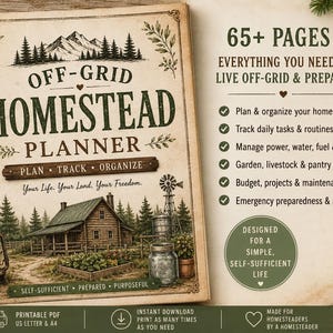 Peut inclure: Un planificateur de ferme hors réseau à reliure spirale avec une couverture de style vintage illustrant une cabane, un jardin et des montagnes. Le texte indique : 65+ Pages, Everything you need to live off-grid & prepared, Plan, track, organize.