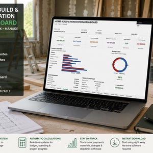 Può includere: Un computer portatile argentato che mostra un dashboard Excel per la costruzione e la ristrutturazione della casa, con strumenti di monitoraggio per budget, attività e pagamenti, inclusi grafici e riepiloghi per la gestione dei progetti.