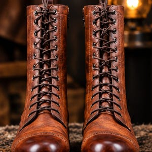 Puede incluir: Un par de botas altas con cordones en un acabado marrón desgastado. Estas botas presentan una puntera redondeada con sutiles perforaciones decorativas, ojales de metal oscuro, cordones marrones a juego y una suela gruesa de color negro.