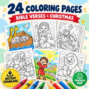 May include: A collection of 24 coloring pages featuring Bible verses and Christmas themes. The images include Noah's Ark, a shepherd with sheep, a nativity scene, Jesus with children, a child in a landscape, and a lion with a lamb. Includes download icons.