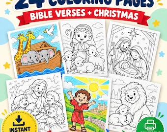 May include: A collection of 24 coloring pages featuring Bible verses and Christmas themes. The images include Noah's Ark, a shepherd with sheep, a nativity scene, Jesus with children, a child in a landscape, and a lion with a lamb. Includes download icons.