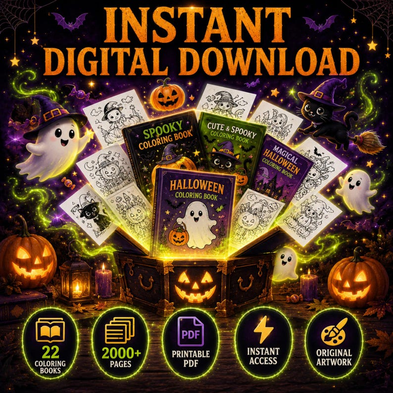 May include: A digital download collection featuring 22 Halloween coloring books with over 2000 pages in PDF format. The image displays book covers with ghosts, cats, and pumpkins, alongside text reading INSTANT DIGITAL DOWNLOAD and 22 COLORING BOOKS.