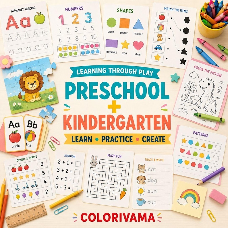 kids learning bundle with preschool worksheets alphabet tracing math coloring pages sight words busy books flashcards and homeschool activities