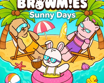 May include: A colorful digital illustration titled BROWMIES Sunny Days featuring a tan dog and a pink cat relaxing in wooden beach chairs on a sandy island. A white rabbit floats in the water using a pink inner tube while holding a coconut drink.