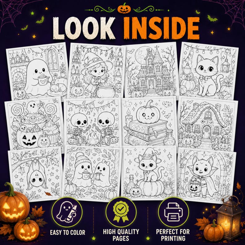 May include: A collection of twelve black and white Halloween-themed coloring pages featuring ghosts, skeletons, pumpkins, cats, and a haunted house. The text LOOK INSIDE, EASY TO COLOR, HIGH QUALITY PAGES, and PERFECT FOR PRINTING is visible.