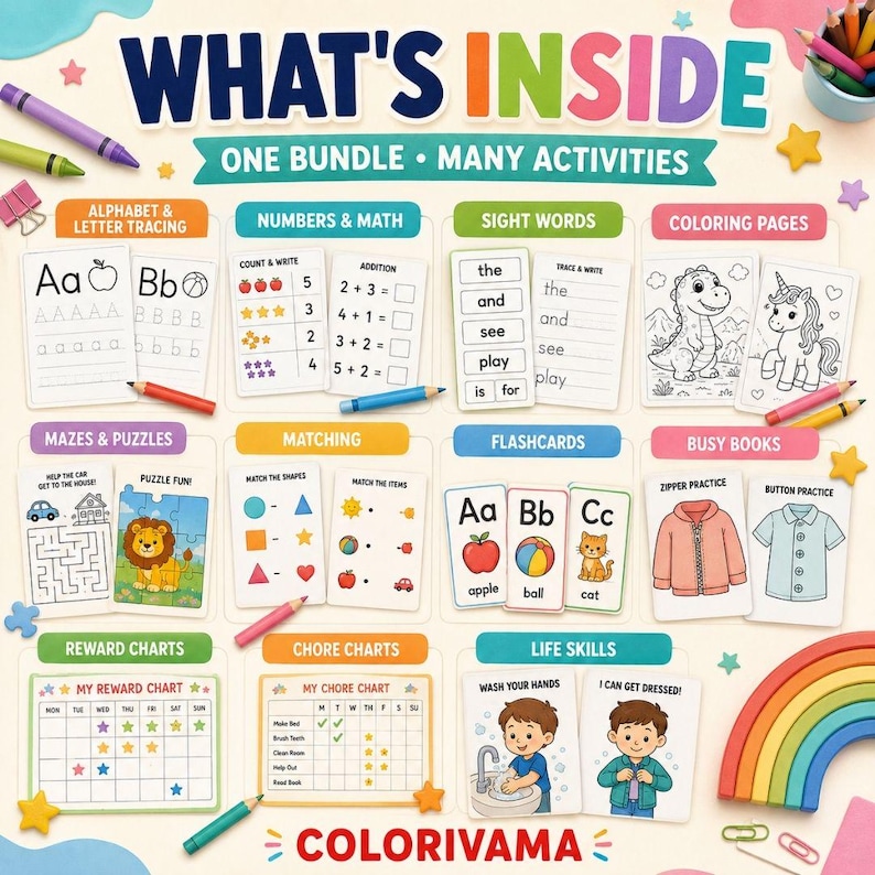 kids learning bundle with preschool worksheets alphabet tracing math coloring pages sight words busy books flashcards and homeschool activities