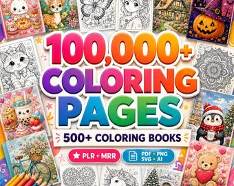 May include: A digital collection of 100,000+ coloring pages and 500+ coloring books featuring diverse illustrations including a rabbit, butterfly, anime character, cottage, pumpkin, cat, mandala, penguin, and teddy bear with PLR, MRR, PDF, PNG, SVG, and AI files.