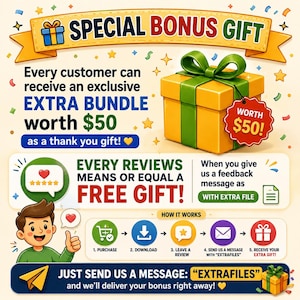 May include: A promotional graphic featuring a yellow gift box with a green ribbon and a red tag stating worth $50. The text reads SPECIAL BONUS GIFT, EVERY REVIEWS MEANS OR EQUAL A FREE GIFT, and instructions to send a message with EXTRAFILES to receive a bonus.