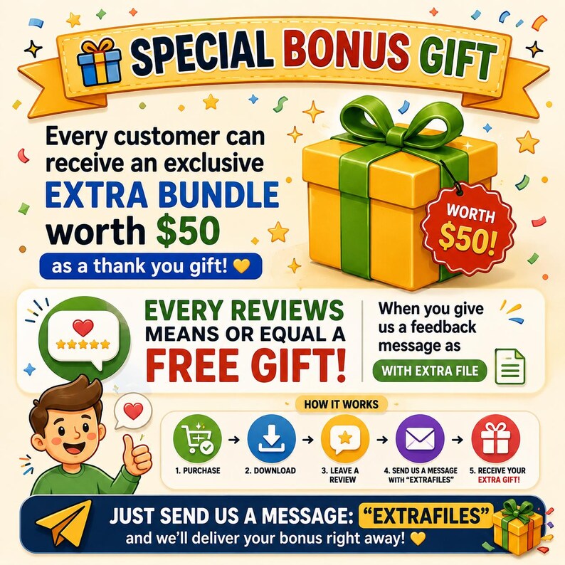 May include: A promotional graphic featuring a yellow gift box with a green ribbon and a red tag stating worth $50. The text reads SPECIAL BONUS GIFT, EVERY REVIEWS MEANS OR EQUAL A FREE GIFT, and instructions to send a message with EXTRAFILES to receive a bonus.
