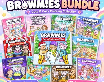May include: A bundle of 10 Brownies coloring books featuring cartoon characters. Titles include Pregnancy Moments, Serene Nature, Universe, Circus Spectacle, Cozy Christmas Vibe, Journey of Calmness, Boo-tiful World, and Dessert Wonderland. Text includes Instant Download.