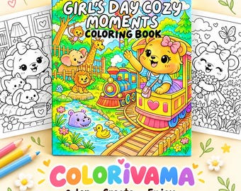 May include: A square coloring book titled Girl's Day Cozy Moments Coloring Book featuring a colorful illustration of a bear riding a train through a zoo with a lion, elephant, giraffe, and hippo. The cover includes the brand name Colorivama.