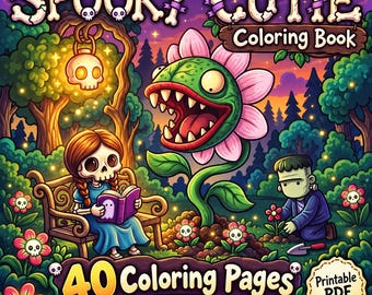 May include: A digital coloring book cover titled Spooky Cutie featuring a skeleton girl reading on a bench, a large carnivorous plant, and a Frankenstein-like character in a forest. The text reads 40 Coloring Pages and Printable PDF.