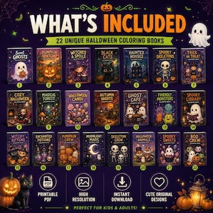 May include: A digital collection of 22 unique Halloween coloring books featuring themes like ghosts, pumpkins, witches, and skeletons. The image displays the book covers numbered 1 through 22, with icons for PDF format, high resolution, and instant download.