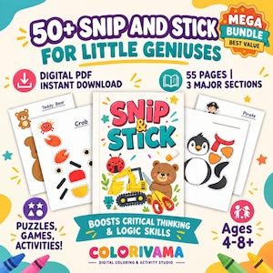 May include: A digital activity book titled 50+ Snip and Stick for Little Geniuses, featuring 55 pages of cut-and-paste puzzles. The cover displays a bear, a ladybug, and an excavator. Includes sections for teddy bears, crabs, and penguins.