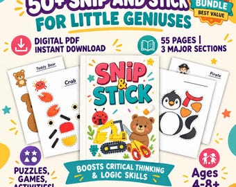 May include: A digital activity book titled 50+ Snip and Stick for Little Geniuses, featuring 55 pages of cut-and-paste puzzles. The cover displays a bear, a ladybug, and an excavator. Includes sections for teddy bears, crabs, and penguins.