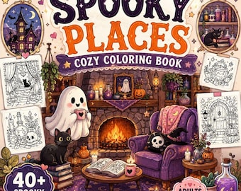 May include: A coloring book titled SPOOKY PLACES COZY COLORING BOOK featuring a central illustration of a ghost and black cat by a fireplace, surrounded by smaller coloring pages, a 40+ spooky pages badge, and an adults & teens label.