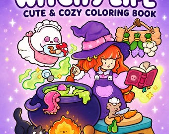 May include: WITCHY LIFE CUTE & COZY COLORING BOOK cover art featuring a character with orange hair and a purple hat stirring a green potion in a cauldron. Includes a ghost, a mouse chef, a black cat, a fire, and hanging herbs on a purple background.