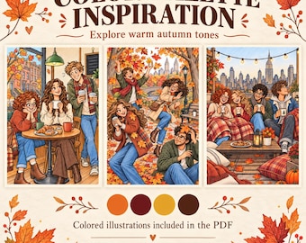 May include: A digital illustration sheet titled COLOR PALETTE INSPIRATION featuring three scenes of people in autumn settings. The text includes Explore warm autumn tones and Colored illustrations included in the PDF. The brand name is COLORIVAMA.