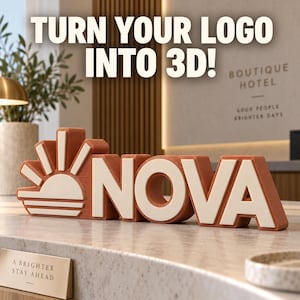 Könnte beinhalten: Ein 3D-Schild mit dem Schriftzug NOVA in fetten, terrakottafarbenen Buchstaben mit cremefarbenen Vorderseiten. Links neben dem Text befindet sich ein stilisiertes Sonnensymbol mit Strahlen. Der Text TURN YOUR LOGO INTO 3D! steht in großen weißen Buchstaben.