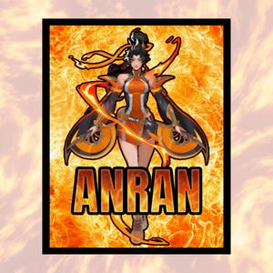 May include: A rectangular print featuring an anime-style character with dark hair, wearing an orange and black outfit, holding two circular orange weapons. The character is surrounded by orange flames, and the text ANRAN is printed in bold letters.