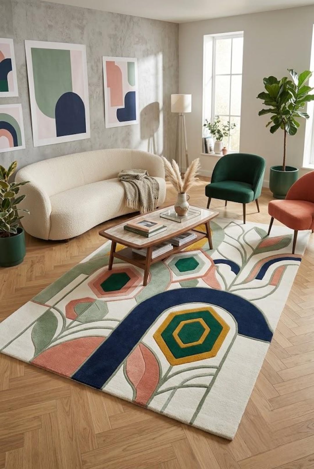 Modern Rug Handmade Hand Tufted Wool Rug Mid Century Modern Area Rug Colorful Geometric ...