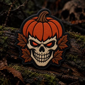 May include: A rubberized patch featuring a central beige skull with glowing orange eyes and a wide grin. The skull is topped with a bright orange pumpkin and framed by four brown autumn leaves, all outlined in a thick black border.