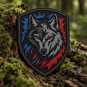 Könnte beinhalten: Ein schildförmiger Aufnäher mit einem stilisierten Wolfskopf in Grautönen und leuchtend roten Augen. Der Wolf ist von gezackten, flammenartigen Akzenten in leuchtendem Blau auf der linken und hellem Rot auf der rechten Seite umrahmt, alles auf schwarzem Grund.