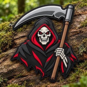 Grim Reaper PVC Patch, Scythe Skull Morale Patch, 3Inch Tactical Hook and Loop Rubber Patch for Backpack Hat Jacket, Gothic Dark Reaper Gear