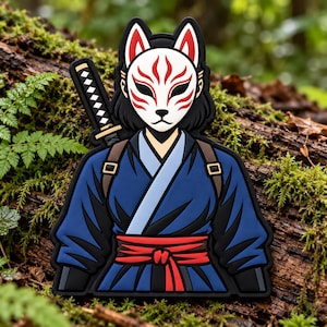 Japanese Fox Mask PVC Patch, Samurai Warrior Morale Patch, 3 Inch Hook and Loop Patch, Tactical Backpack Hat Jacket Patch