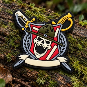 Könnte beinhalten: Ein gummiertes Abzeichen mit einem Totenkopf, der einen olivgrünen Drill-Instructor-Hut trägt und vor einem rot-weißen Schild platziert ist. Dahinter befinden sich zwei gekreuzte gelbe und graue Schwerter sowie ein leeres cremefarbenes Banner.