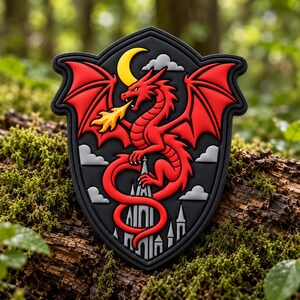 Puede incluir: Un parche en forma de escudo que muestra un dragón rojo escupiendo fuego amarillo, posado sobre la aguja de un castillo gris. El fondo es negro con una luna creciente amarilla y nubes grises. El diseño está hecho en relieve de goma.