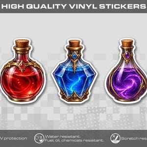 May include: Three vinyl stickers featuring potion bottles with cork stoppers. One bottle contains red liquid, one contains blue liquid with a swirling pattern, and one contains purple liquid with a galaxy-like swirl. Text reads HIGH QUALITY VINYL STICKERS.