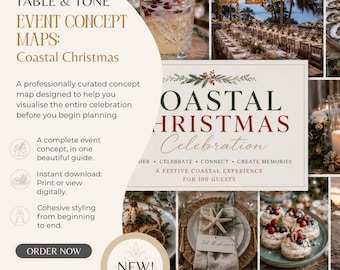 May include: A digital event concept guide titled Coastal Christmas Celebration featuring a collage of festive imagery including a cocktail, an outdoor dining setup, a place setting with a starfish, and small desserts, with a color palette of ocean mist, ivory, driftwood, and shell.