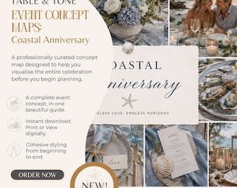 May include: A digital event concept map titled TABLE & TONE EVENT CONCEPT MAPS: Coastal Anniversary. The guide features a collage of coastal-themed table settings, including blue and white floral arrangements, oysters, menus, and candles.